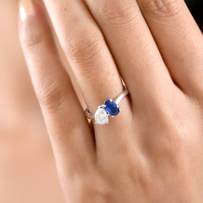 D'Joy AAA Natural Kashmir Kyanite and Moissanite Toi et Moi Band Ring in Platinum Overlay Sterling Silver 1.72 Ct. 8448379 2