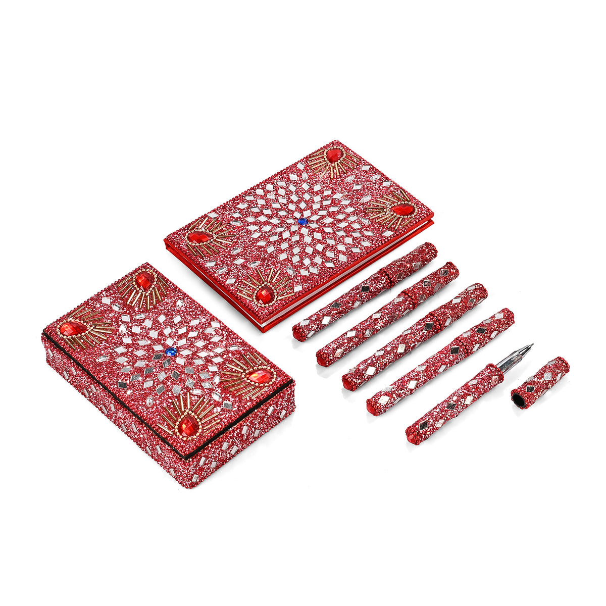 Livmore 6-Piece Beaded Stationery Gift Set (inc. 1 x Decorative Box, 5 x Pens, &amp; 1 x Diary) - Red V32575478 0