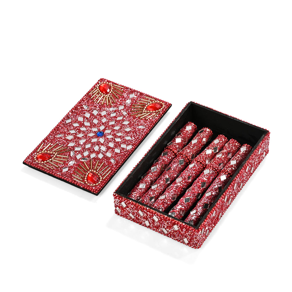 Livmore 6-Piece Beaded Stationery Gift Set (inc. 1 x Decorative Box, 5 x Pens, & 1 x Diary) - Red_8456077_2