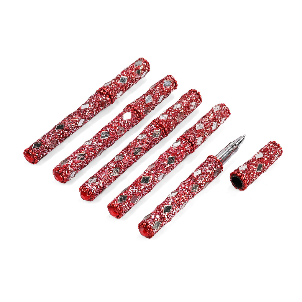 Livmore 6-Piece Beaded Stationery Gift Set (inc. 1 x Decorative Box, 5 x Pens, & 1 x Diary) - Red_8456077_3