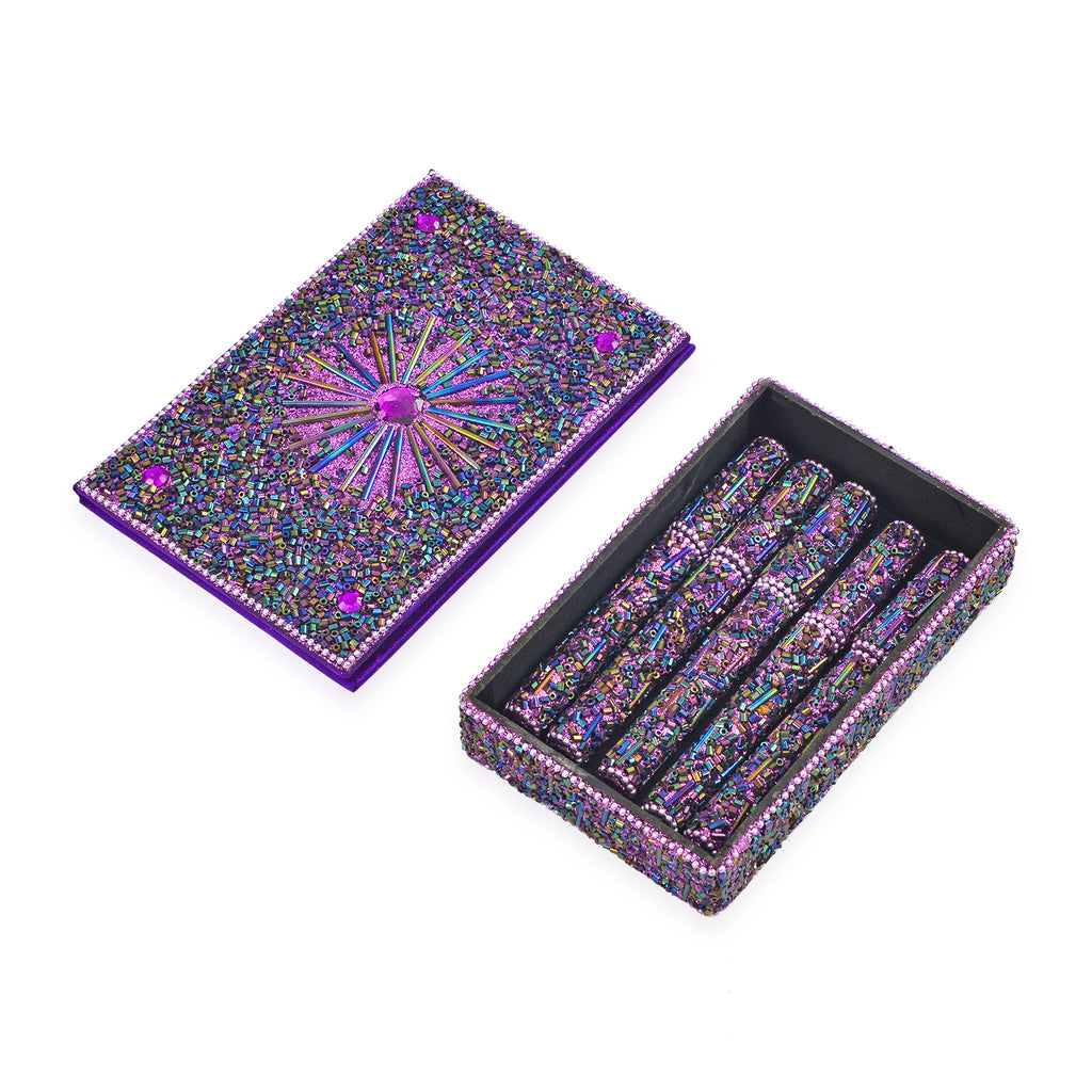 Livmore 6-Piece Beaded Stationery Gift Set (inc. 1 x Decorative Box, 5 x Pens, & 1 x Diary) - Purple_8456078_2