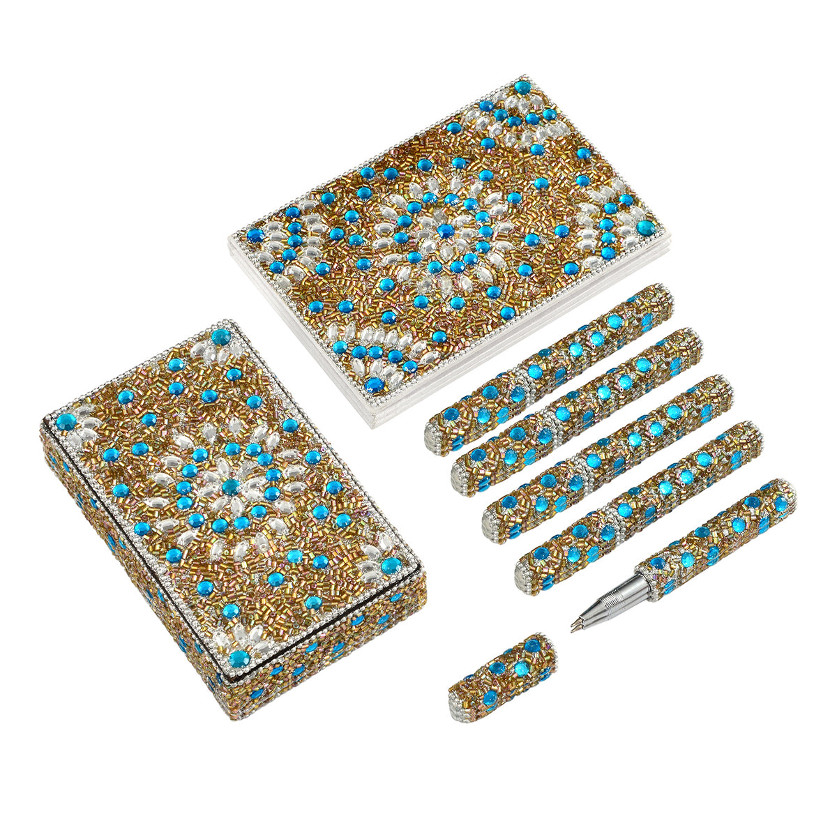 Livmore 6-Piece Beaded Stationery Gift Set (inc. 1 x Decorative Box, 5 x Pens, &amp; 1 x Diary) - Silver &amp; Blue V32580954 0