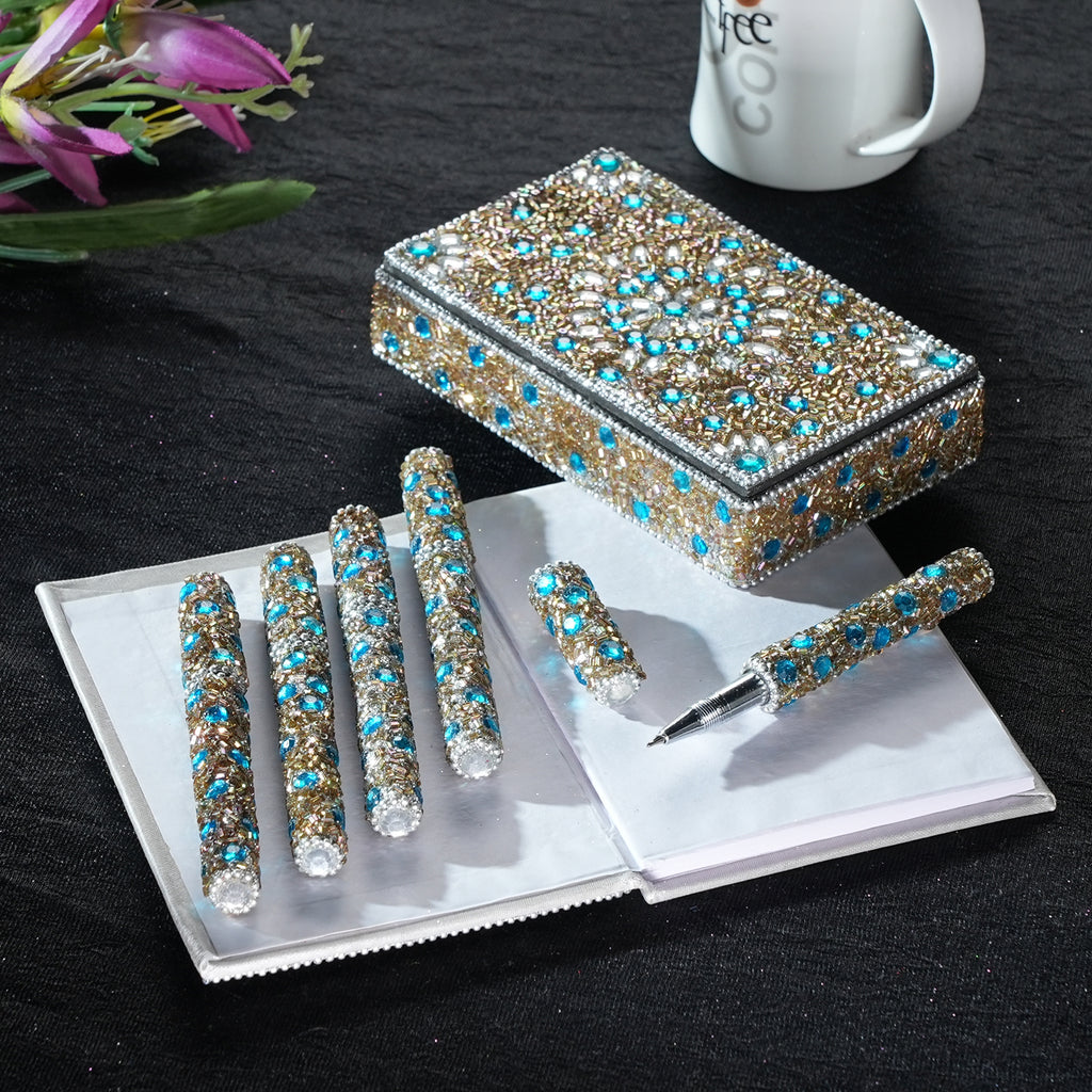 Livmore 6-Piece Beaded Stationery Gift Set (inc. 1 x Decorative Box, 5 x Pens, & 1 x Diary) - Silver & Blue_8457950_1