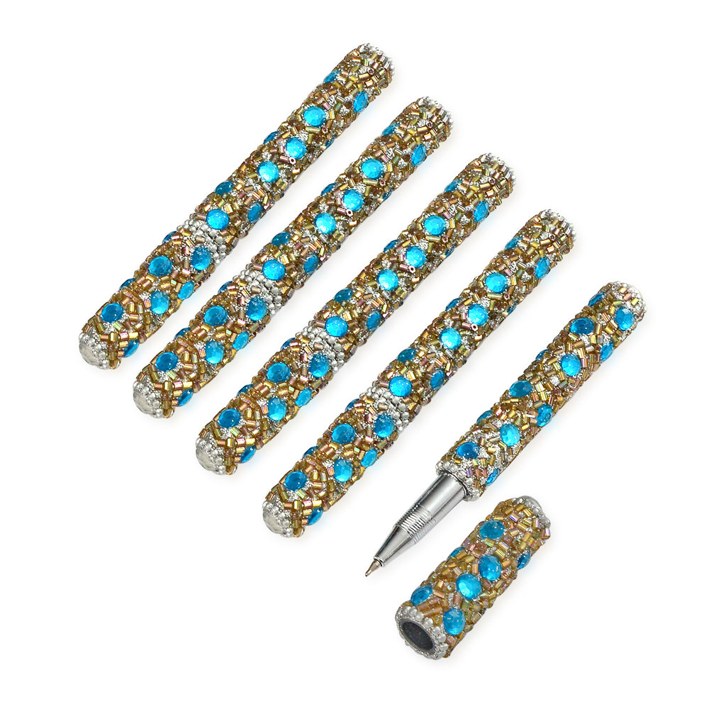 Livmore 6-Piece Beaded Stationery Gift Set (inc. 1 x Decorative Box, 5 x Pens, & 1 x Diary) - Silver & Blue_8457950_5