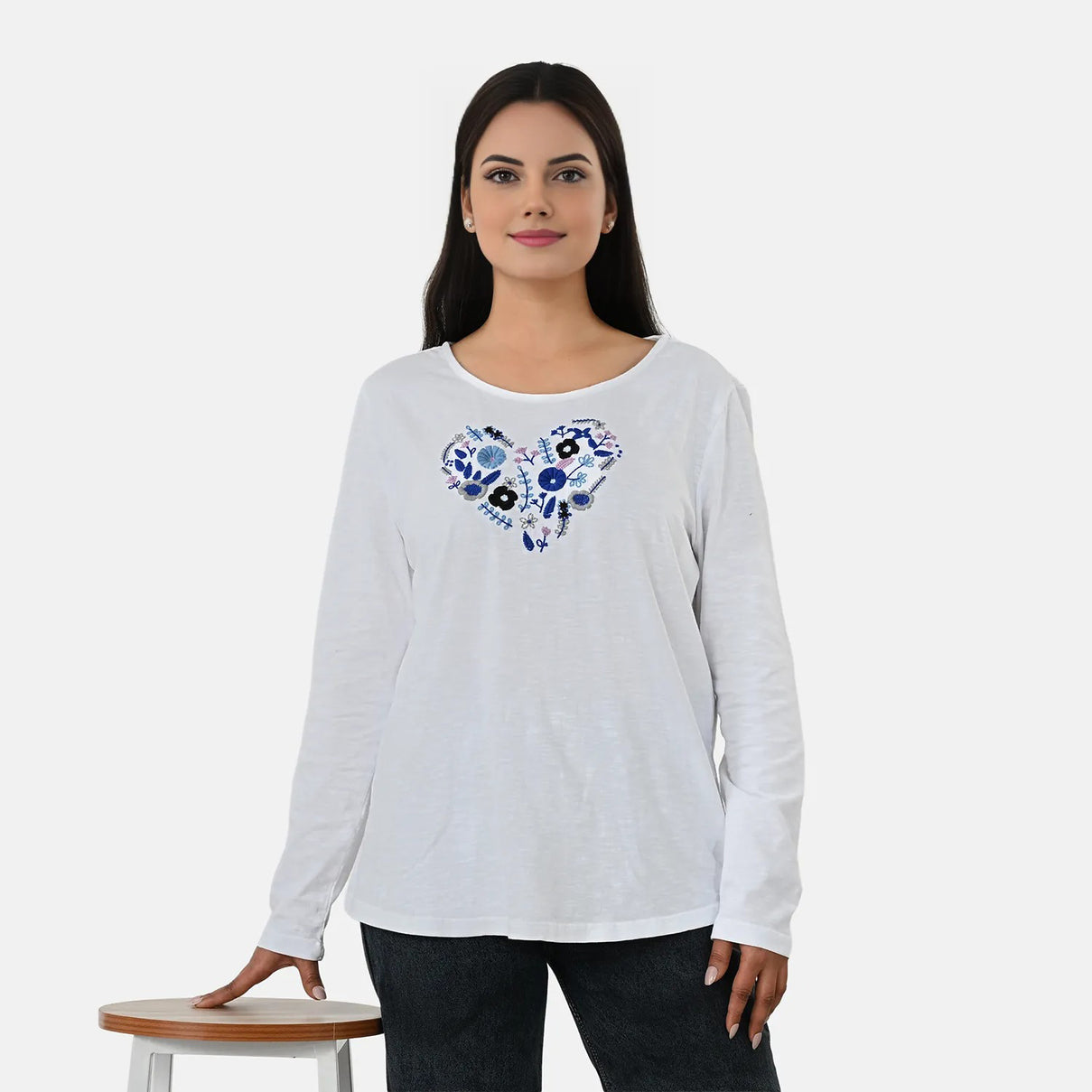 La Marey Cotton Floral Heart Embroidered full Sleve T-Shirt (Size M, 12 to 14) - Off White V32529347 0
