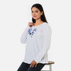La Marey Cotton Floral Heart Embroidered full Sleve T-Shirt (Size M, 12 to 14) - Off White_8465867_1