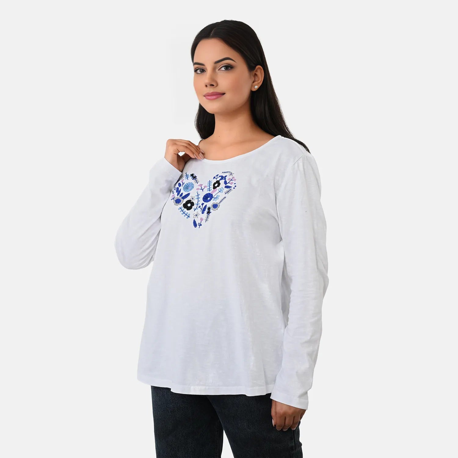 La Marey Cotton Floral Heart Embroidered full Sleve T-Shirt (Size M, 12 to 14) - Off White V32529347 4