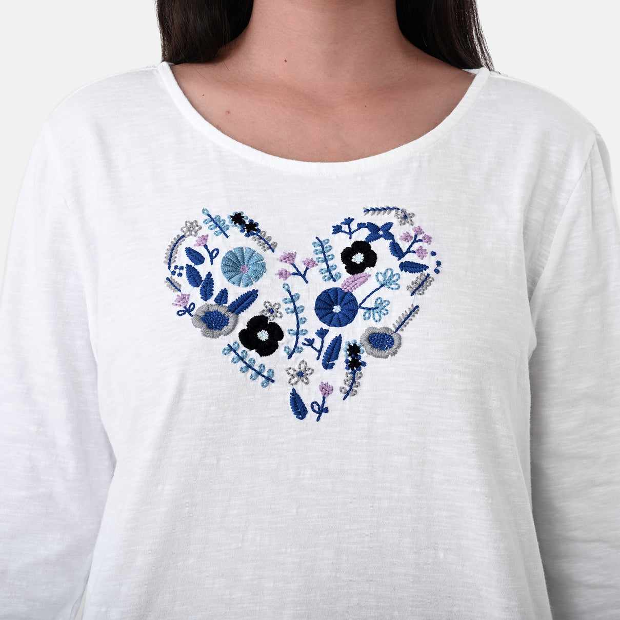 La Marey Cotton Floral Heart Embroidered full Sleve T-Shirt (Size M, 12 to 14) - Off White V32529347 6