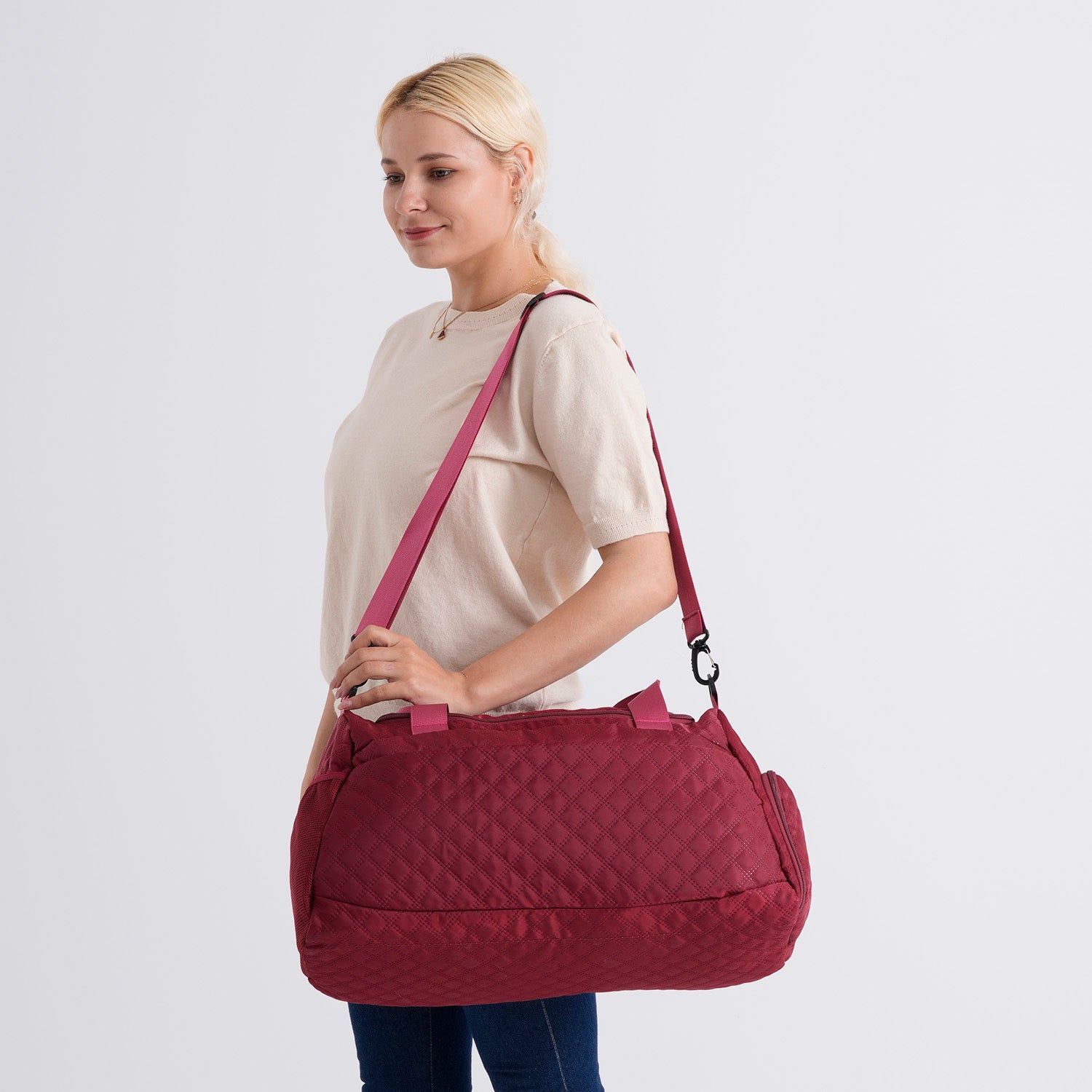 Designer Inspired-  3 Pcs Quilted Travel Bag Set - Burgundy V32519447 2