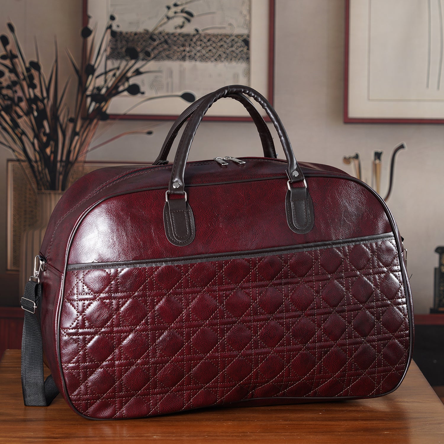 Quilted Weekender Travel Style Duffle Bag with Shoulder Strap - Burgundy V32516223 2