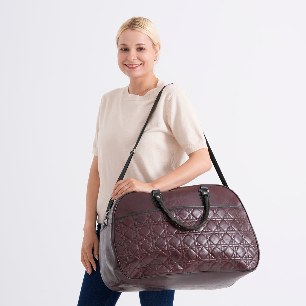 Quilted Weekender Travel Style Duffle Bag with Shoulder Strap - Burgundy_8465929_2