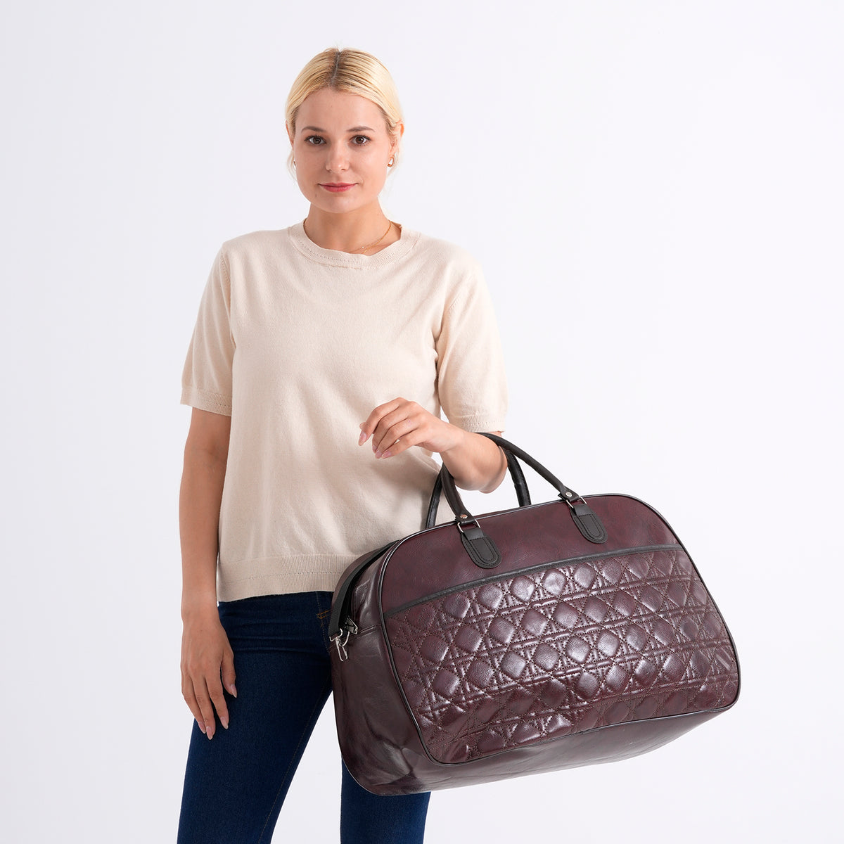 Quilted Weekender Travel Style Duffle Bag with Shoulder Strap - Burgundy V32516223 4
