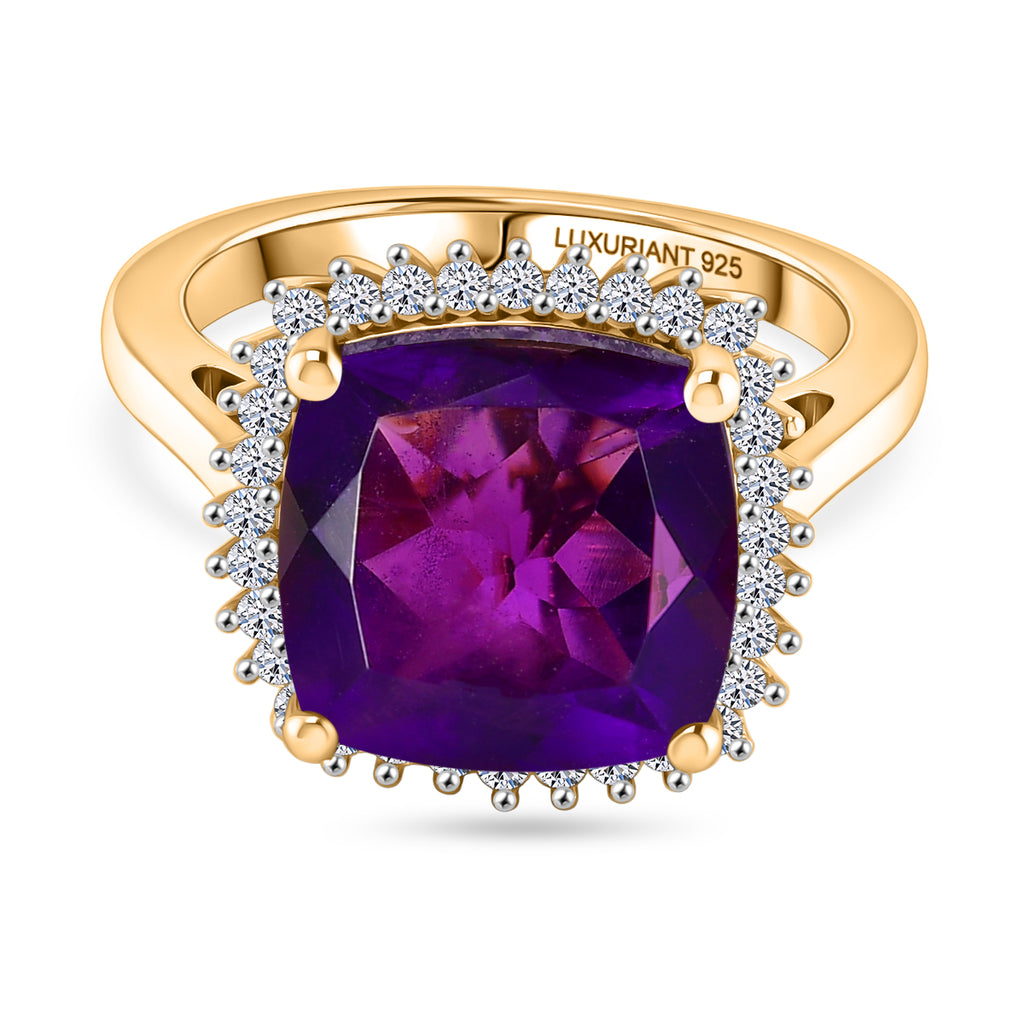 Luxuriant - AAA African Amethyst & SI-G/H Lab Grown Diamond Halo Ring in 18K Vermeil Yellow Gold Plated Sterling Silver 5.38 Ct._8466074