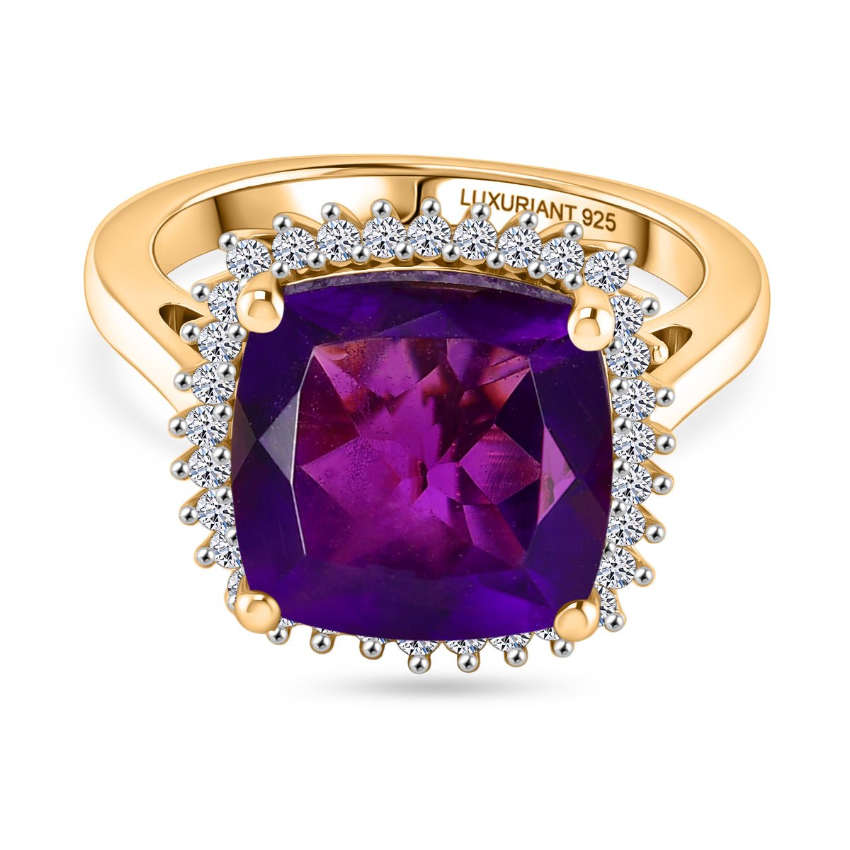 Luxuriant - AAA African Amethyst &amp; SI-G/H Lab Grown Diamond Halo Ring in 18K Vermeil Yellow Gold Plated Sterling Silver 5.38 Ct. V32525566 0