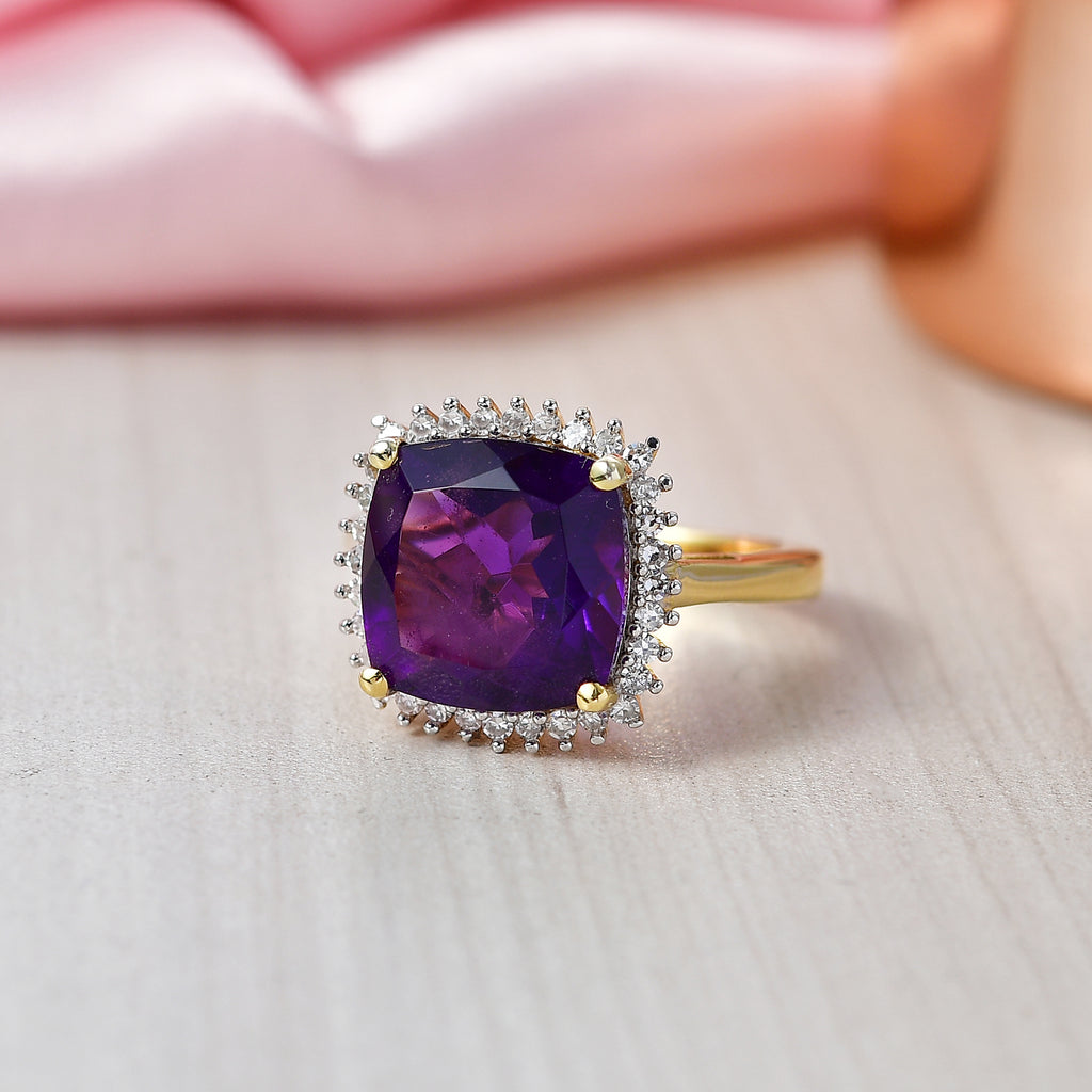 Luxuriant - AAA African Amethyst & SI-G/H Lab Grown Diamond Halo Ring in 18K Vermeil Yellow Gold Plated Sterling Silver 5.38 Ct._8466074_2