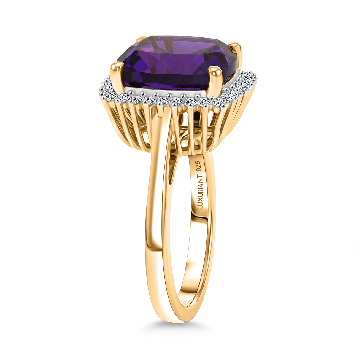 Luxuriant - AAA African Amethyst &amp; SI-G/H Lab Grown Diamond Halo Ring in 18K Vermeil Yellow Gold Plated Sterling Silver 5.38 Ct. V32525566 4
