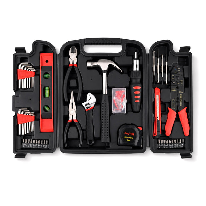126-Piece DIY Tool Kit with Storage Case -  4-piece precision screwdriver set, 6-piece hardware nail box, 20-piece socket head set, wire stripper, mallet, adjustable wrench -  Black 8466157 1