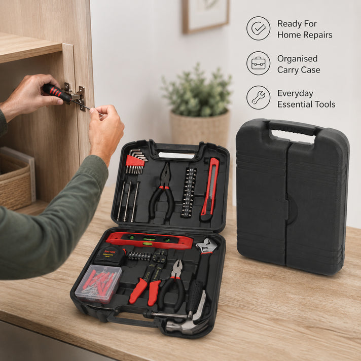 126-Piece DIY Tool Kit with Storage Case -  4-piece precision screwdriver set, 6-piece hardware nail box, 20-piece socket head set, wire stripper, mallet, adjustable wrench -  Black 8466157 2