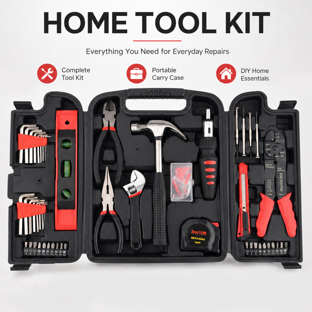 126-Piece DIY Tool Kit with Storage Case -  4-piece precision screwdriver set, 6-piece hardware nail box, 20-piece socket head set, wire stripper, mallet, adjustable wrench -  Black 8466157 3