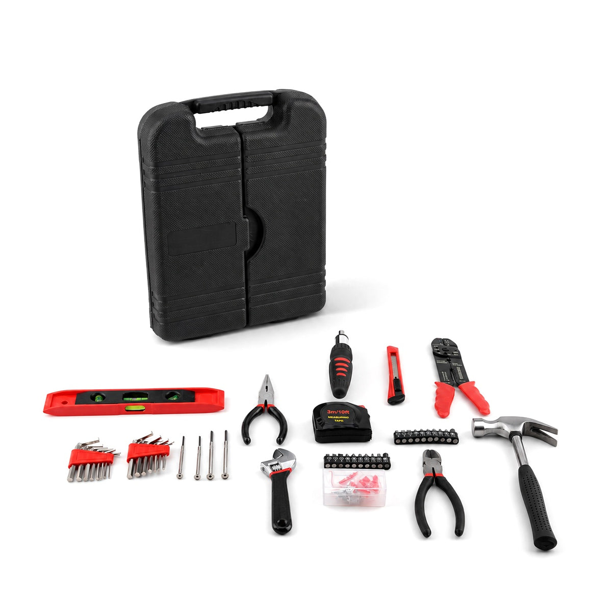 126-Piece DIY Tool Kit with Storage Case -  4-piece precision screwdriver set, 6-piece hardware nail box, 20-piece socket head set, wire stripper, mallet, adjustable wrench -  Black 8466157 4