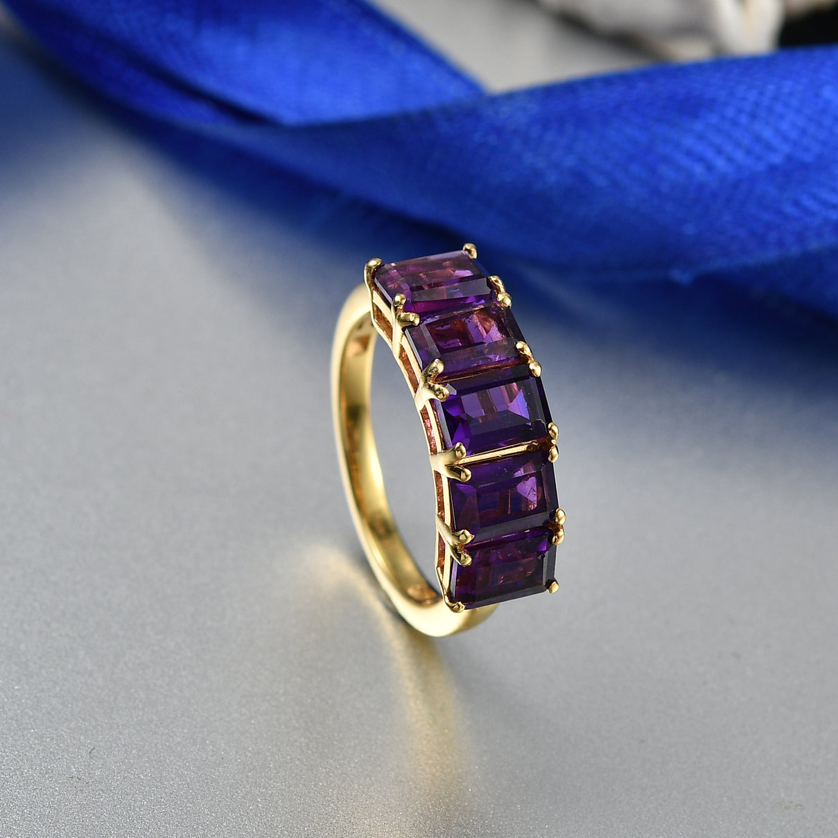 D'Joy AAA African Amethyst 5 Stone Ring in Yellow Gold Plated Sterling Silver 2.94 Ct. 8466349 2