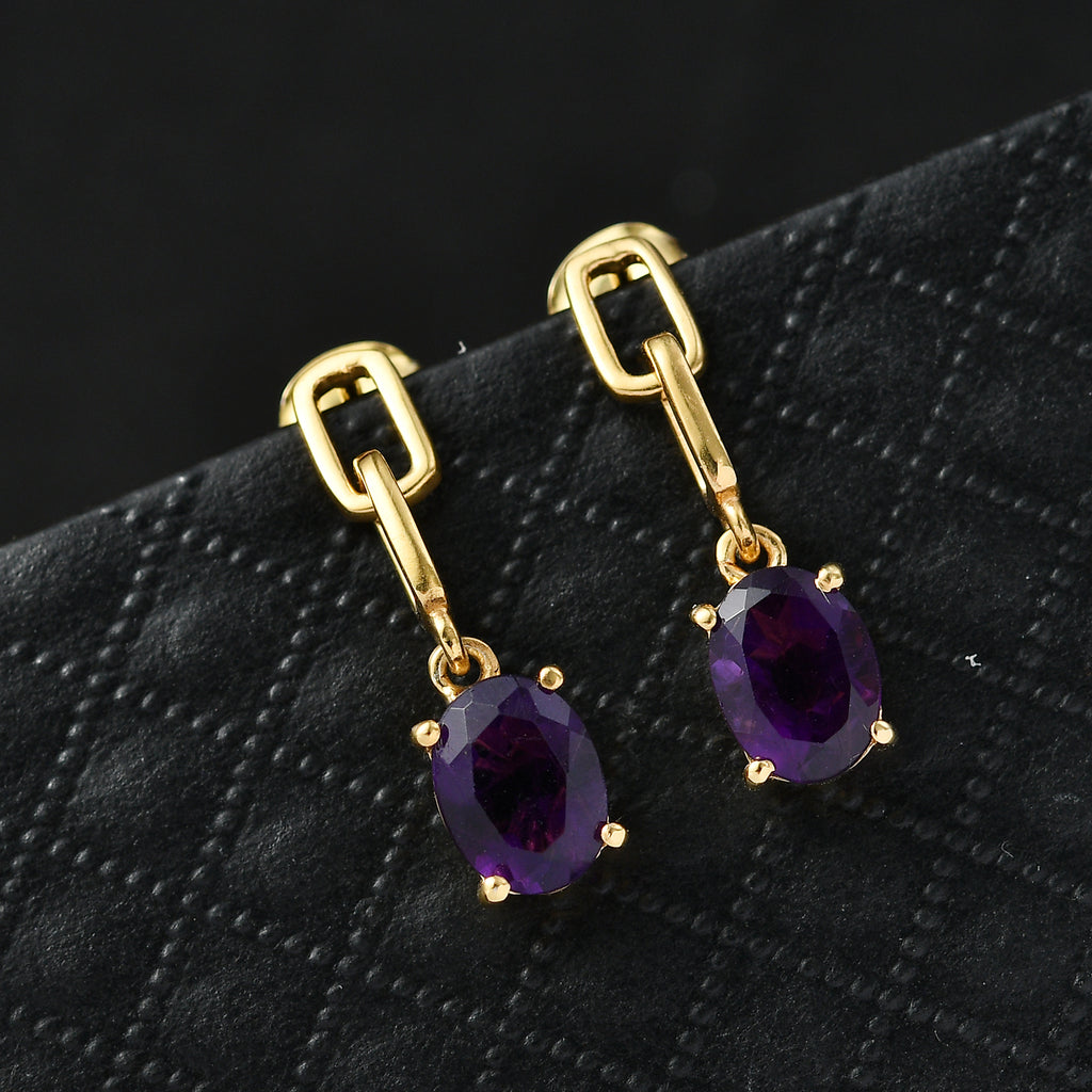 D'Joy AAA African Amethyst Dangling Push Post Earring in Yellow Gold Plated Sterling Silver 2.26 Ct._8466358_2