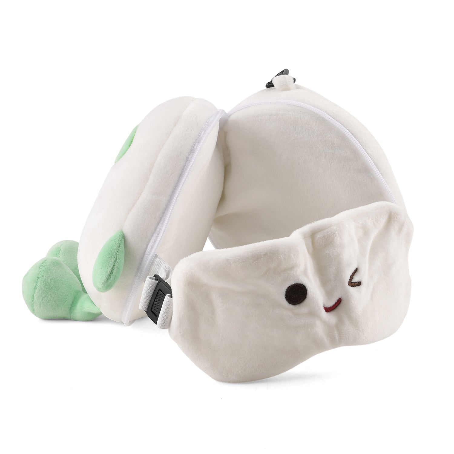 2 in 1 Kawaii Winking Round Character Cushion with Eye Shade - Adjustable Straps (20x20cm) - Green and White 8477240 2
