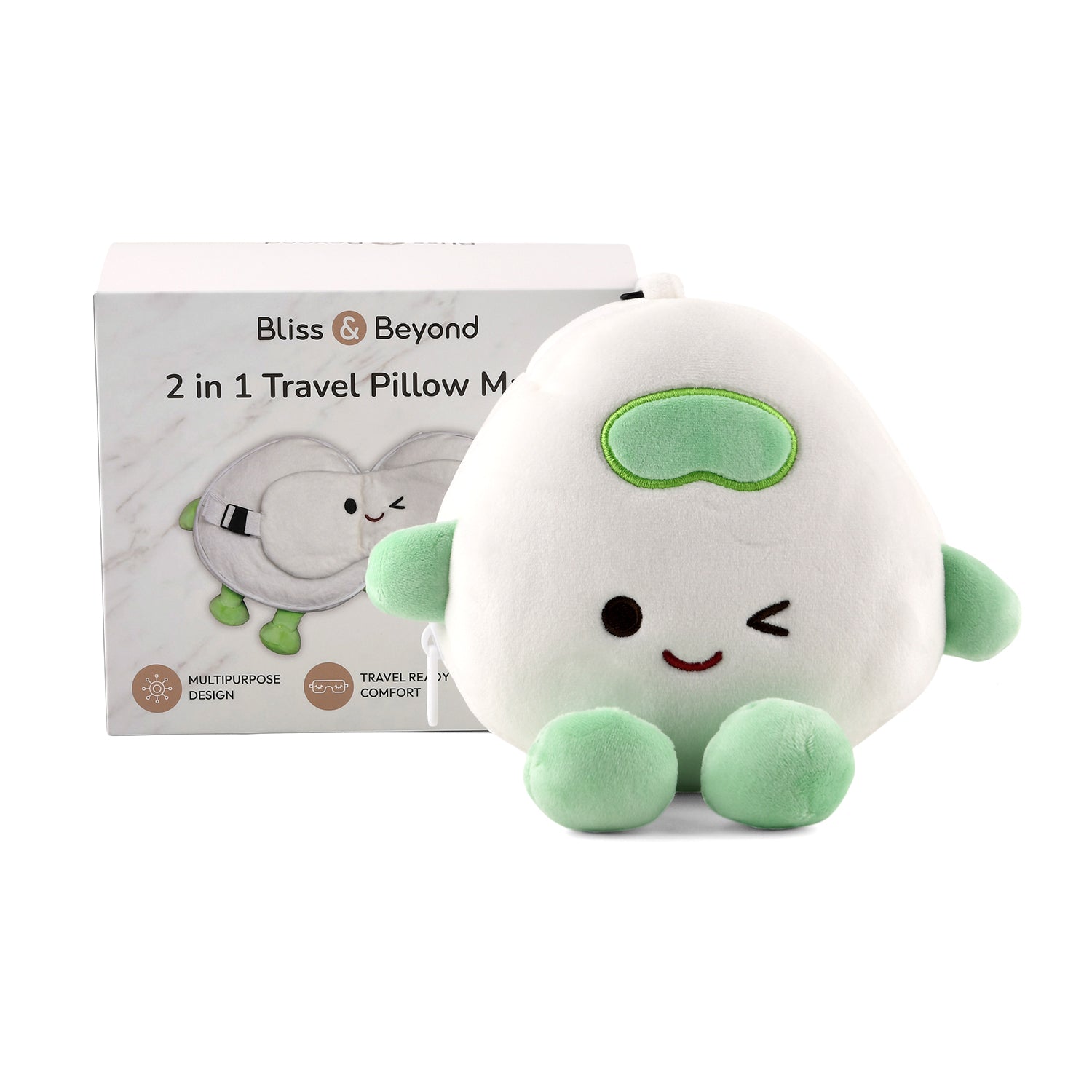 2 in 1 Kawaii Winking Round Character Cushion with Eye Shade - Adjustable Straps (20x20cm) - Green and White 8477240 6