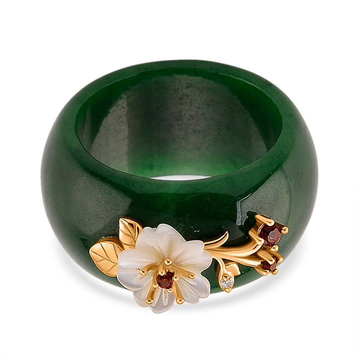 JARDIN COLLECTION - Green Jadeite, Red Garnet, Moissanite &amp; White Mother Of Pearl Flower Band Ring in Yellow Gold Plated Sterling Silver 32.88 Ct. 8477248 1