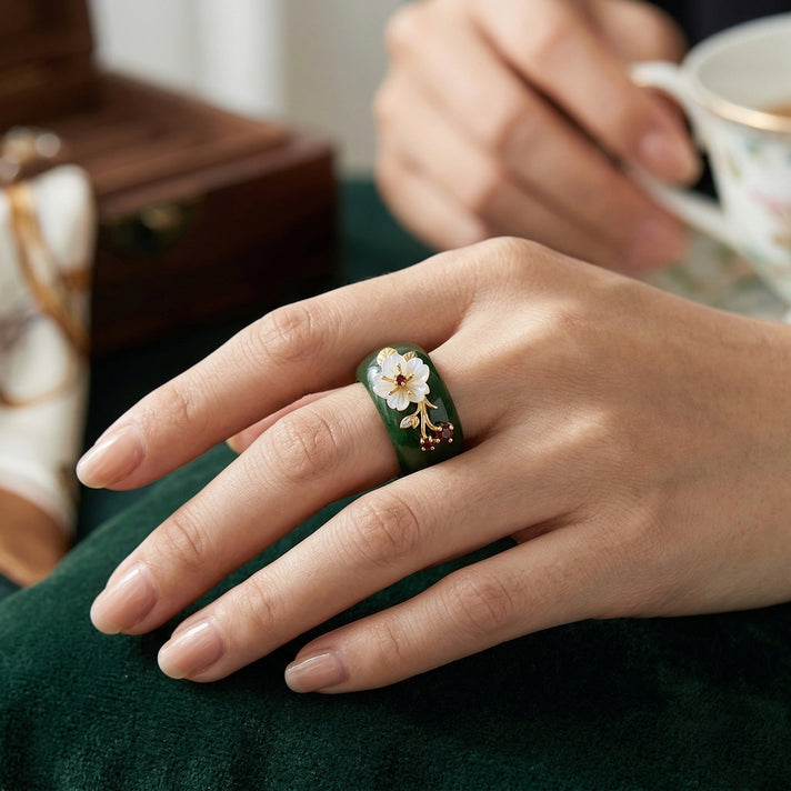 JARDIN COLLECTION - Green Jadeite, Red Garnet, Moissanite &amp; White Mother Of Pearl Flower Band Ring in Yellow Gold Plated Sterling Silver 32.88 Ct. 8477248 2