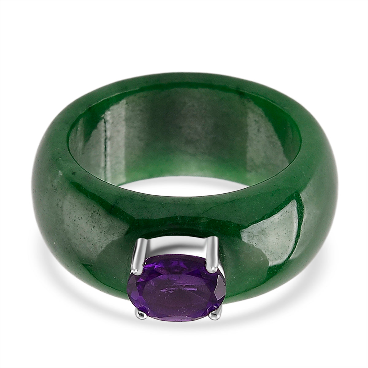 D'Joy Dyed Green Jade &amp; African Amethyst Solitaire Band Ring in Rhodium Overlay Sterling Silver 31.18 Ct. V32529005 0