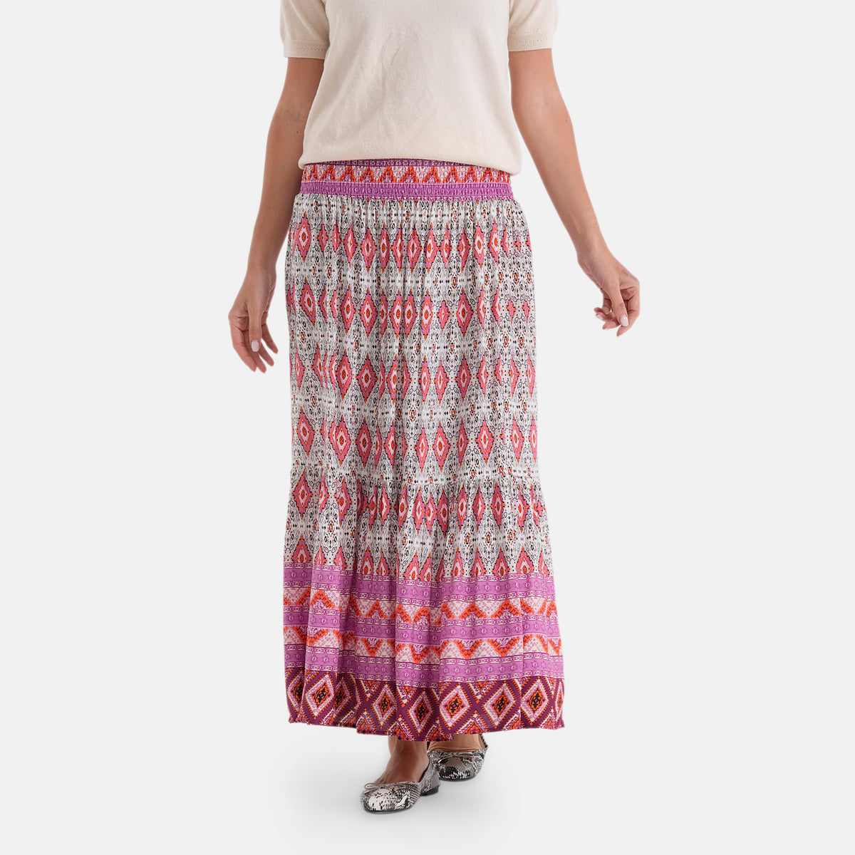 100% Viscose La Marey Elastic Waist Summer Printed Maxi Skirt (One Size) - Multicolour V32526668 0