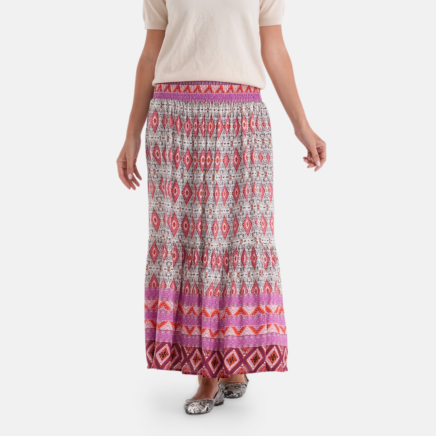 100% Viscose La Marey Elastic Waist Summer Printed Maxi Skirt (One Size) - Multicolour V32526668 0