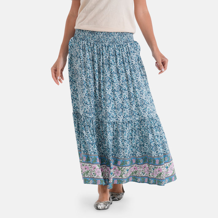 100% Viscose La Marey Elastic Waist Summer Printed Maxi Skirt (One Size) - Blue &amp; Multicolour 8477478 1