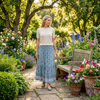 100% Viscose La Marey Elastic Waist Summer Printed Maxi Skirt (One Size) - Blue & Multicolour_8477478_1