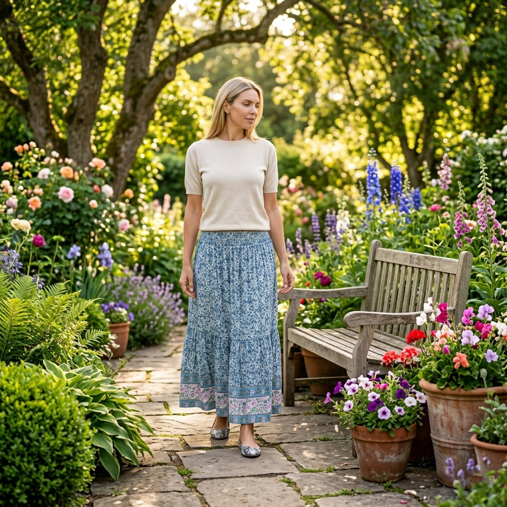 100% Viscose La Marey Elastic Waist Summer Printed Maxi Skirt (One Size) - Blue &amp; Multicolour 8477478 2