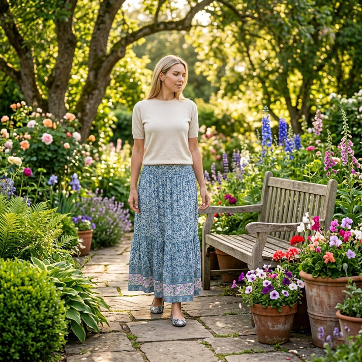 100% Viscose La Marey Elastic Waist Summer Printed Maxi Skirt (One Size) - Blue &amp; Multicolour 8477478 2