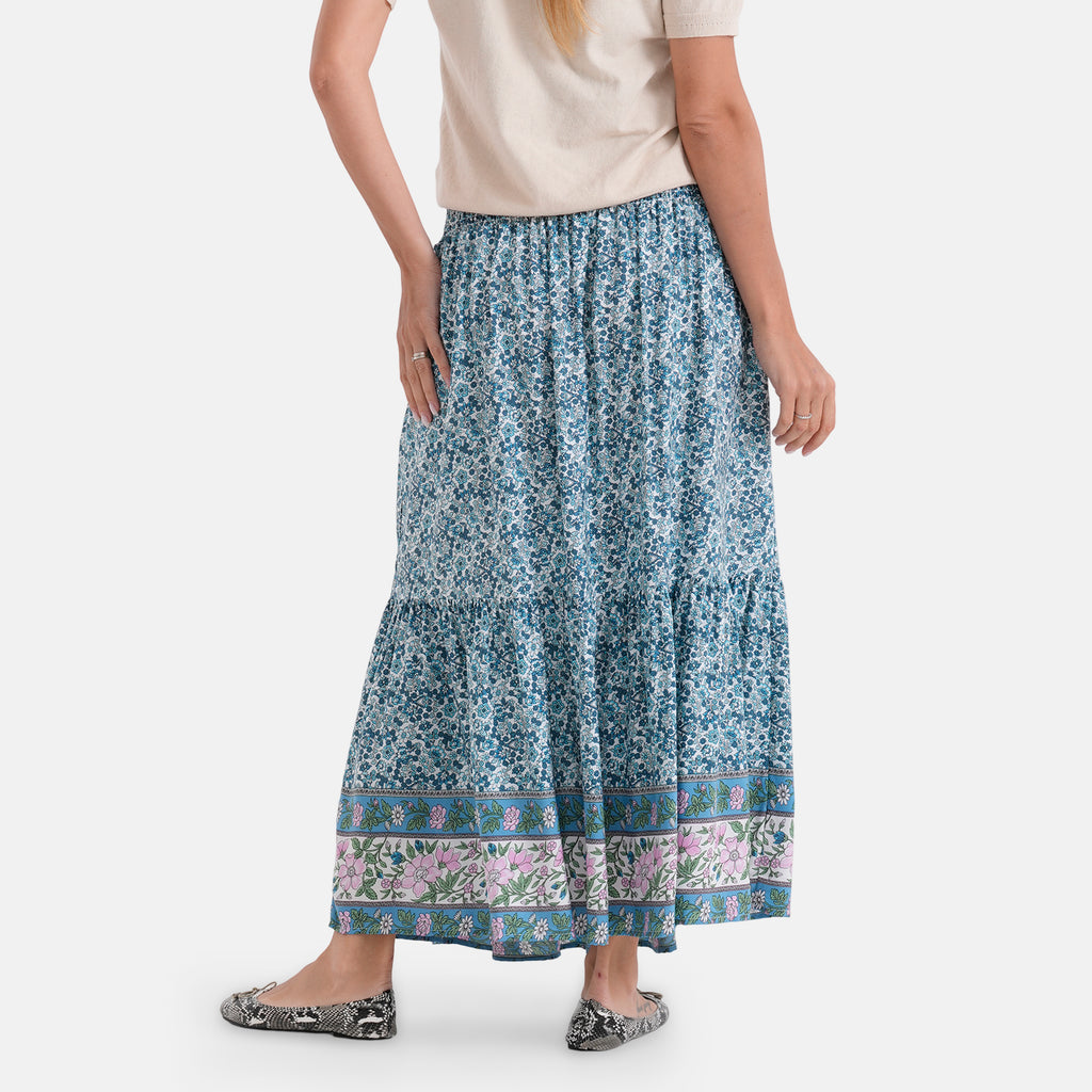 100% Viscose La Marey Elastic Waist Summer Printed Maxi Skirt (One Size) - Blue & Multicolour_8477478_2