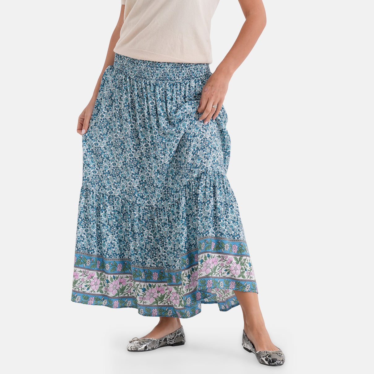 100% Viscose La Marey Elastic Waist Summer Printed Maxi Skirt (One Size) - Blue &amp; Multicolour 8477478 4