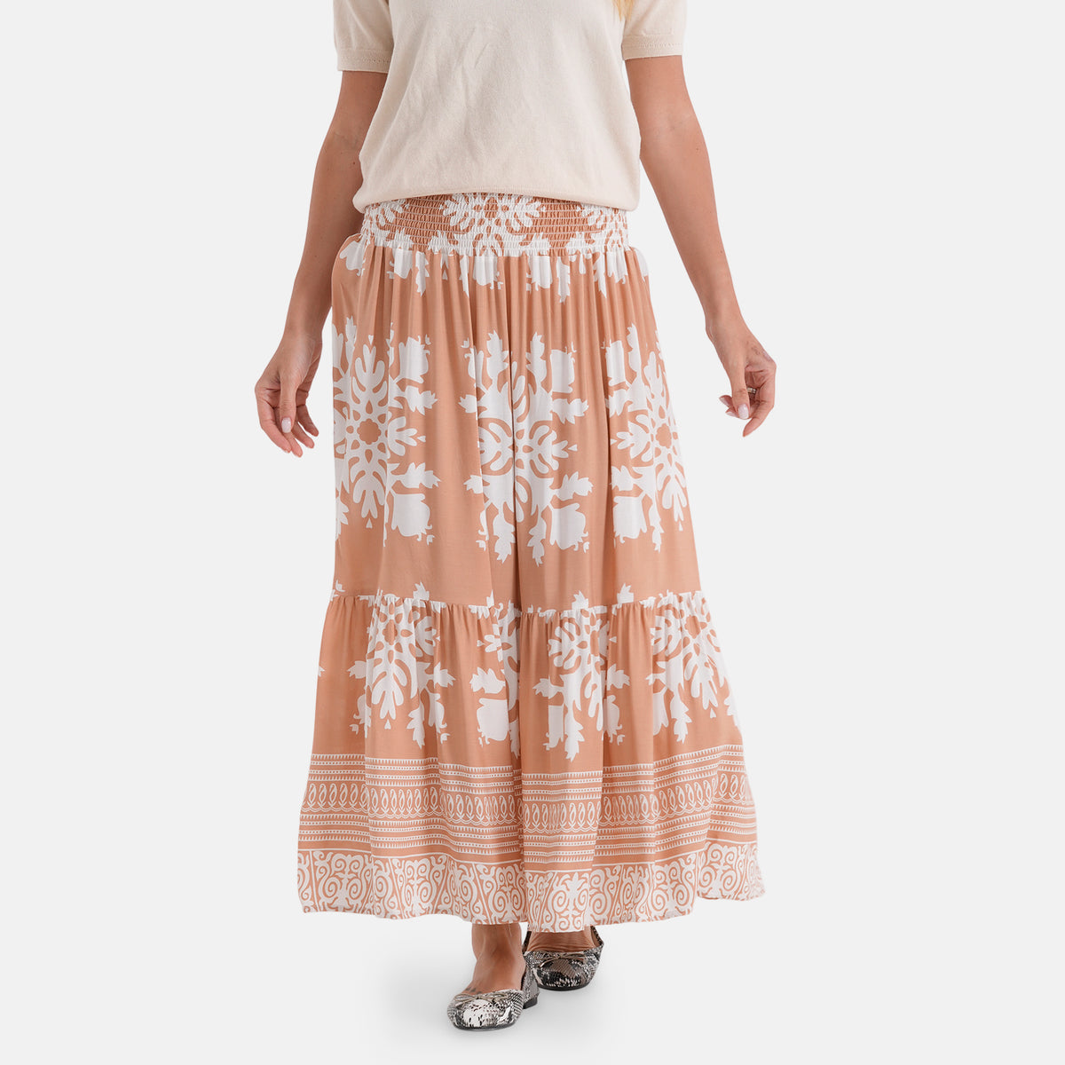 100% Viscose -La Marey Elastic Waist Summer Printed Maxi Skirt (One Size) - Sandy Brown &amp; White V32567584 0