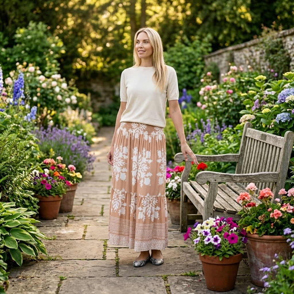 100% Viscose -La Marey Elastic Waist Summer Printed Maxi Skirt (One Size) - Sandy Brown &amp; White V32567584 2