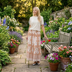 100% Viscose -La Marey Elastic Waist Summer Printed Maxi Skirt (One Size) - Sandy Brown & White_8477479_1