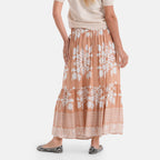 100% Viscose -La Marey Elastic Waist Summer Printed Maxi Skirt (One Size) - Sandy Brown & White_8477479_2