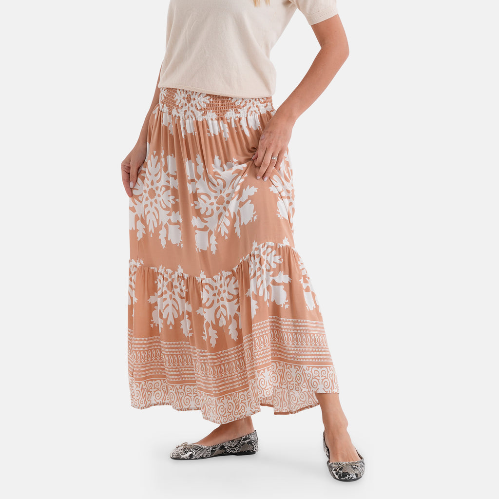 100% Viscose -La Marey Elastic Waist Summer Printed Maxi Skirt (One Size) - Sandy Brown & White_8477479_3