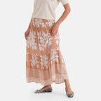 100% Viscose -La Marey Elastic Waist Summer Printed Maxi Skirt (One Size) - Sandy Brown & White_8477479_3