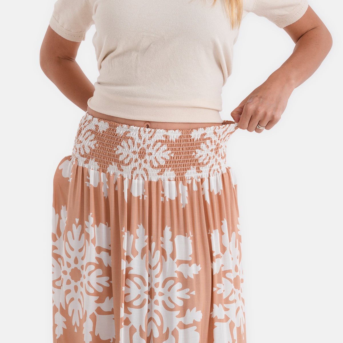 100% Viscose -La Marey Elastic Waist Summer Printed Maxi Skirt (One Size) - Sandy Brown &amp; White V32567584 5
