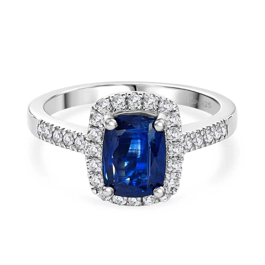 D'Joy AAA Natural Kashmir Kyanite & White Zircon Cushion Cut Halo Ring in Rhodium Overlay Sterling Silver 2.21 Ct._8477530