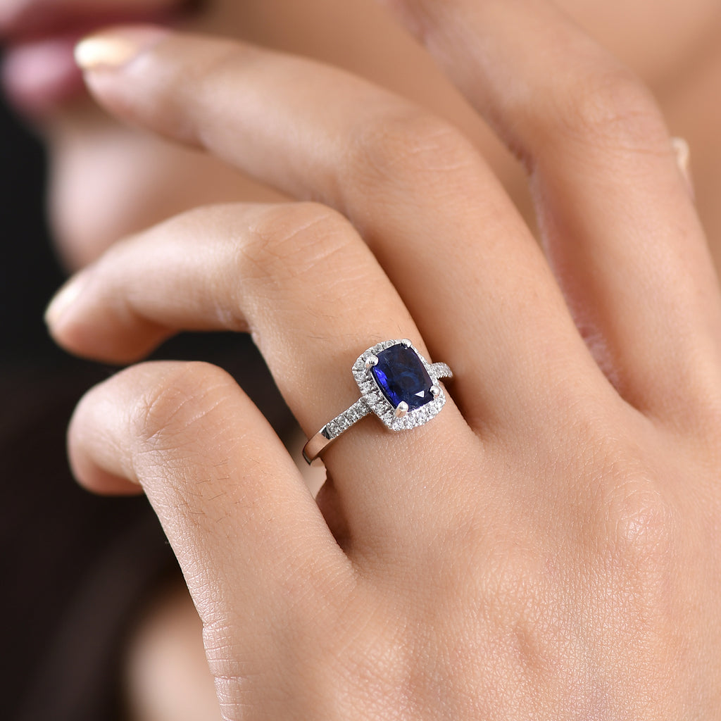 D'Joy AAA Natural Kashmir Kyanite & White Zircon Cushion Cut Halo Ring in Rhodium Overlay Sterling Silver 2.21 Ct._8477530_1