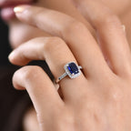 D'Joy AAA Natural Kashmir Kyanite & White Zircon Cushion Cut Halo Ring in Rhodium Overlay Sterling Silver 2.21 Ct._8477530_1