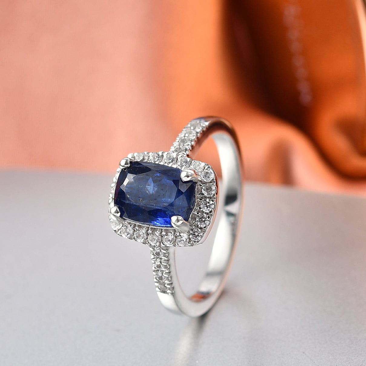 D'Joy AAA Natural Kashmir Kyanite, White Zircon Cushion Cut Halo Ring in Rhodium Overlay Sterling Silver 2.21 Ct. V32513597 3